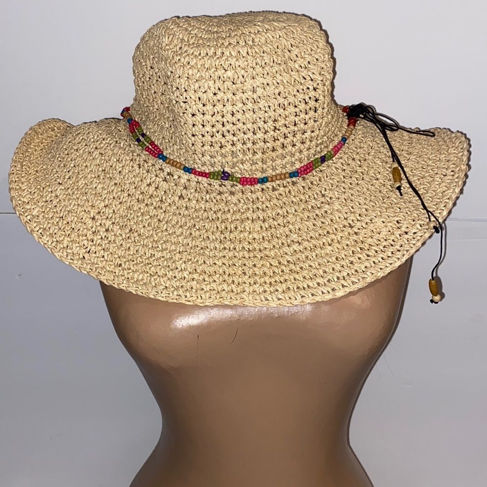 Free Authority Women's Cream Beaded 100% Paper Straw Sun Hat‎ OS